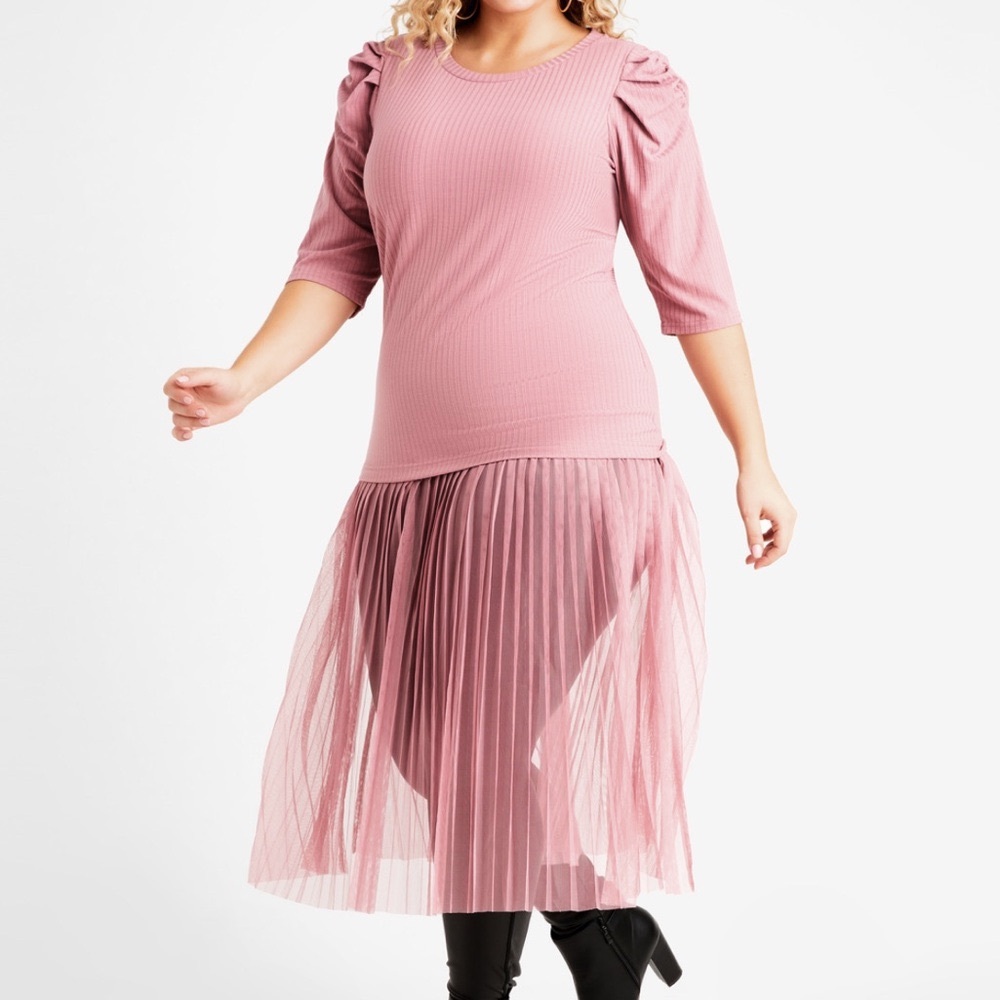 ASHLEY STEWART ‘Pink’ Puff Sleeve Mesh Hem Duster Tunic - Women’s 14/16